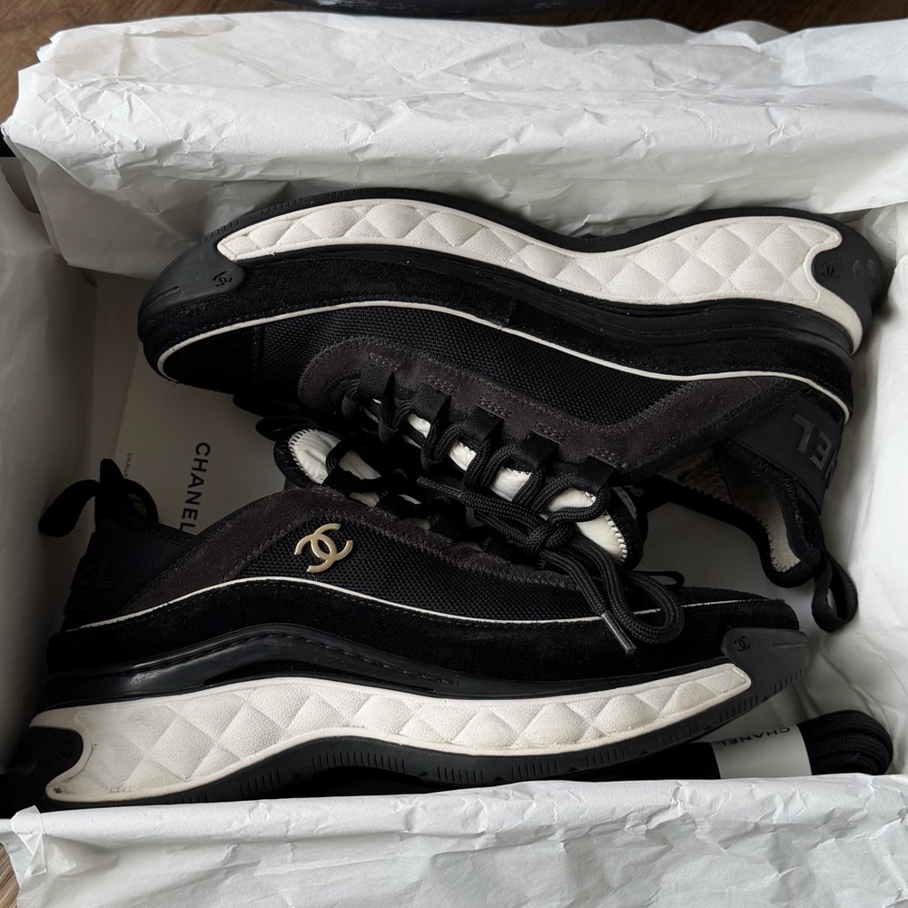 Chanel Black & White Quilted Sneakers 37